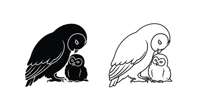 Two owls a parent and chick shown in contrasting styles silhouette