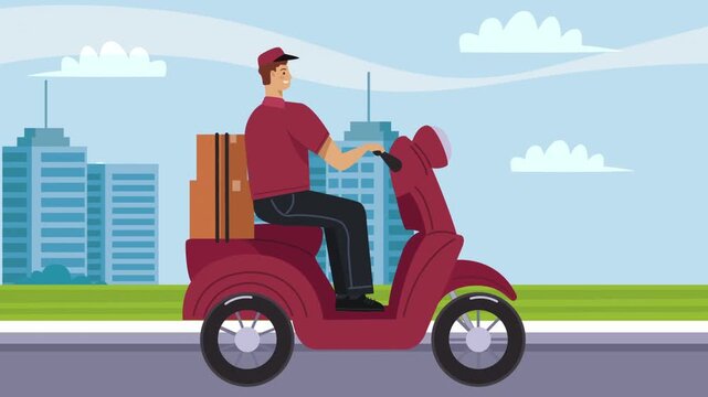 Courier Riding Scooter with Packages in City Animation