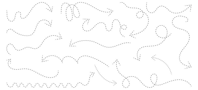 Doodle dashed arrows. Hand-drawn dashed and dotted lines. Wavy swirl lines set, sketch dotted curve path elements. Vector .
