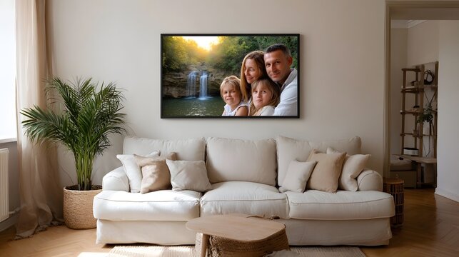 A tranquil living room interior featuring a large display photo of a family embracing in front of a lush waterfall landscape