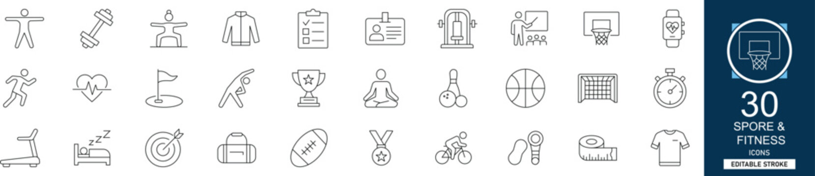Sport and fitness line icon set with 30 icons: workout, gym, exercise, athlete, health, equipment, weightlifting, yoga. Clean linear vector, editable stroke for wellness projects.