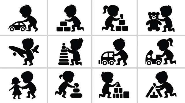 Children's silhouettes playing with toys and vehicles in minimalist black and white icons for education concepts