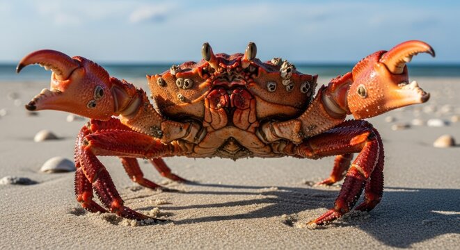 Majestic Crab Posing on Sandy Beach with Open Claws.