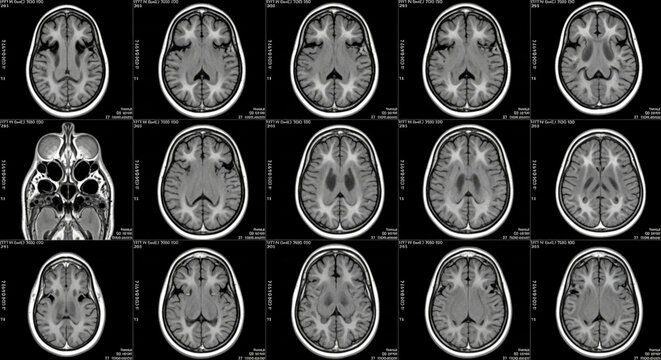 Axial and coronal brain mri slices showing various anatomical sections with pixelated overlay