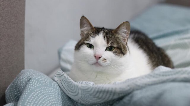 Portrait of a domestic cat resting in bed, calm expression on the face, cozy atmosphere. Cat in an unmade bed. Cute white and brown cat lies on a soft blue blanket