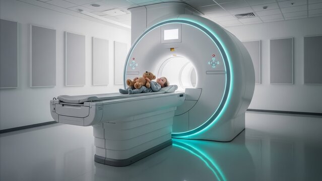 Child patient lying on MRI scanner bed holding teddy bear in modern hospital radiology department with turquoise lighting