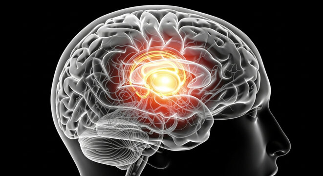 Highlighted central region of the human brain with intricate neural structures