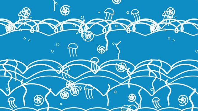 Seamless pattern with jellyfish, shells and waves on a blue background, vector illustration for textile design