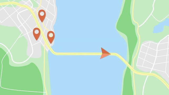 Animated Map Navigation Arrow Moving Across Bridge with Pins