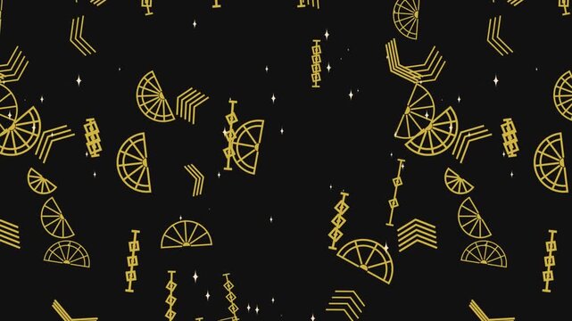 Art deco style seamless pattern with geometric golden shapes, fans, and stars on a black background