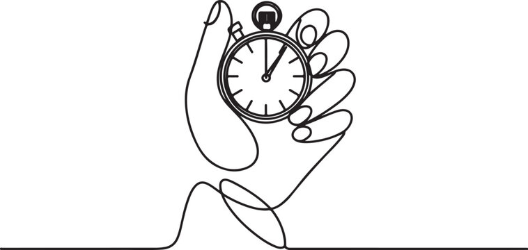 Continuous line drawing of a hand holding a stopwatch. Represents timing, sports events, and performance tracking One line draw graphic design vector