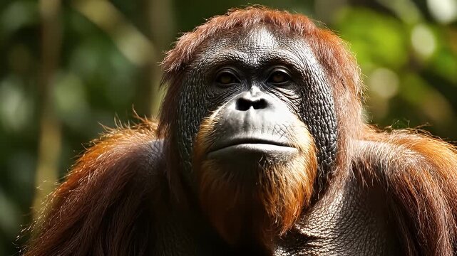 Thoughtful Orangutan Portrait in Lush Tropical Forest Habitat