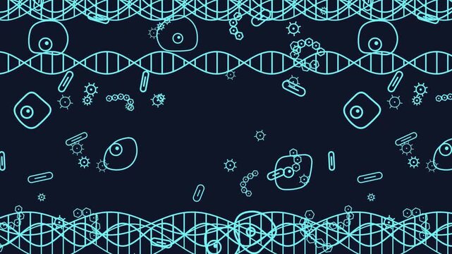 Abstract background with dna strands, cells, and virus icons in a flat vector style on a dark blue background
