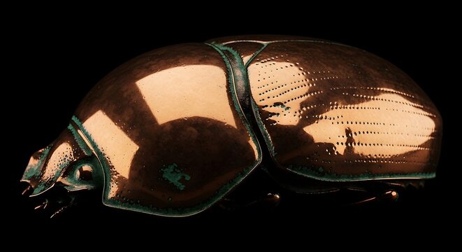Close-up view of a gleaming copper metallic beetle shell showcasing intricate texture and subtle verdigris highlights