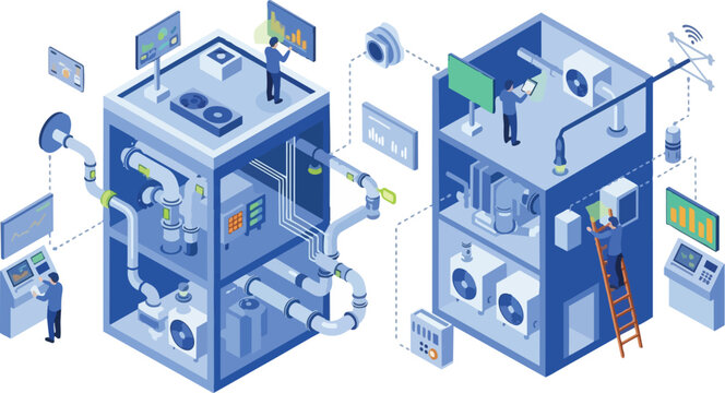 Smart HVAC System and Industrial Climate Control Isometric Illustration with Digital Monitoring, IoT Connectivity, and Facility Maintenance by Technicians
