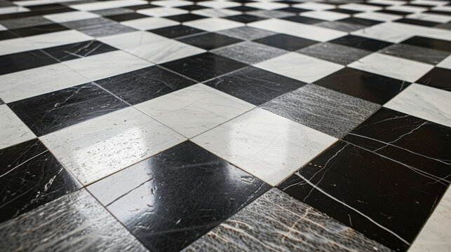 Black and white marble checkered floor with reflective tiles and subtle veining perfect for interior design and architecture concepts