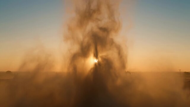Dramatic dust cloud engulfs landscape at sunrise, sunbeams pierce through