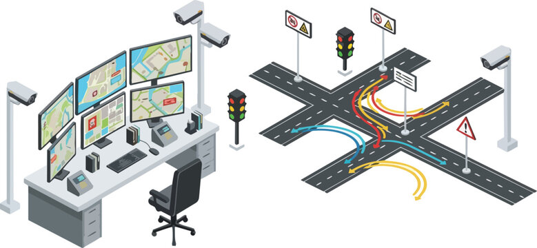 Isometric Smart City Traffic Management Control Center and Road Intersection Monitoring System