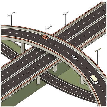 An intricate illustration depicts a complex highway interchange with multiple overpasses and underpasses featuring a few vehicles traversing the roadways high quality