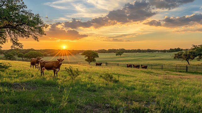 A peaceful Texas ranch landscape with grazing cattle and a picturesque sunset over the horizon.