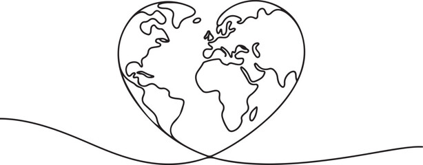 Earth globe continuous line drawing of the heart shape. Love world map one line art © MstMoushumi