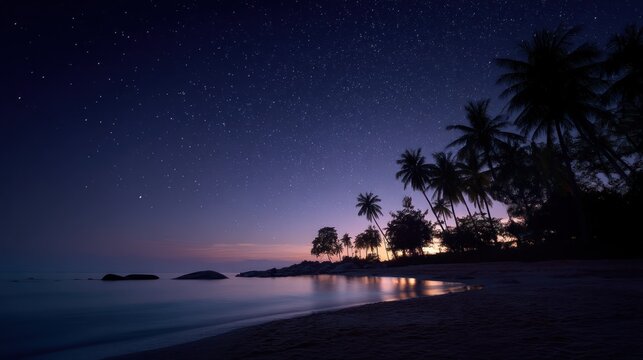 A peaceful tropical beach in Malaysia at night, with palm trees silhouetted against the starry sky and gentle waves.