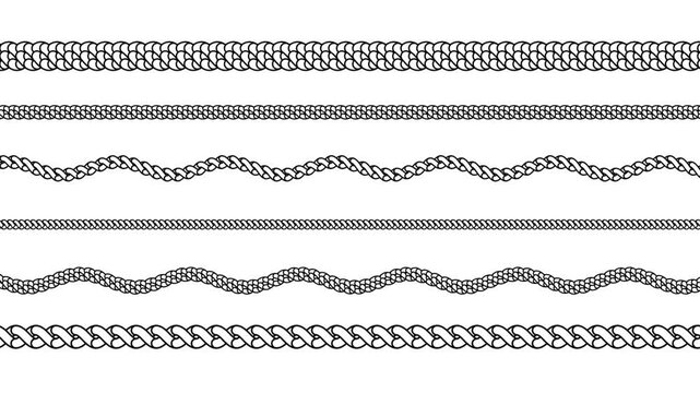 Set of seamless rope brushes, vector illustration of various twisted cords isolated on white background