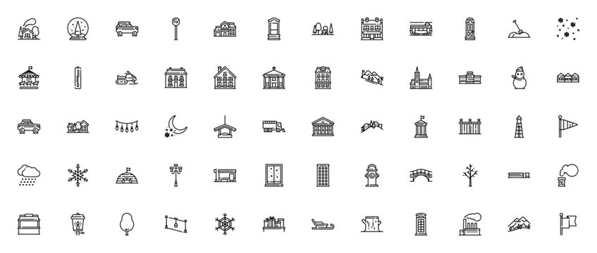Winter town icon set. Vector illustration of houses, snowman, snowflake, sled, church, mountains, and more. Includes car, tree, bridge, lamp post for holiday season.