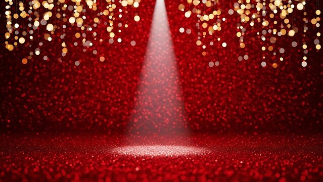 A red and gold pixelated image with a spotlight
