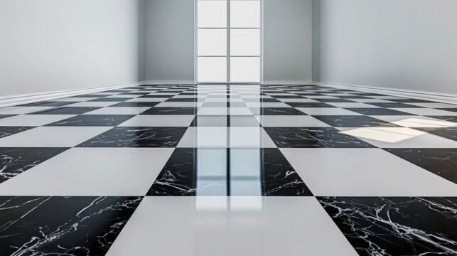 Black and white marble checkered floor with large window in minimalist empty room interior