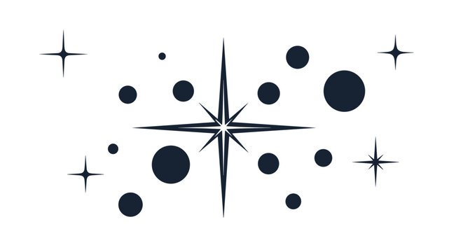 Dark blue stars and various sized circles are scattered across a white background to create a night sky pattern.