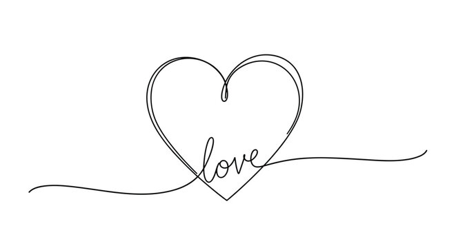 Minimalist one-line illustration forms a heart shape that transitions into the word love in a continuous flowing script on a white background.