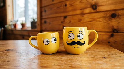 Two bright yellow ceramic mugs featuring expressive cartoon faces with large eyes and a black mustache