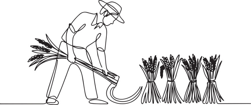 Single one line drawing of young male farmer was harvesting rice and there was also rice that had been tied up. Farming challenge minimal concept. One line draw graphic design vector