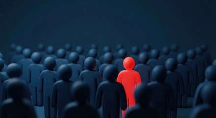 Fototapeta premium Business individuality and leadership concept with one red person standing out among dark crowd, symbolizing uniqueness, and competitive advantage, corporate diversity theme