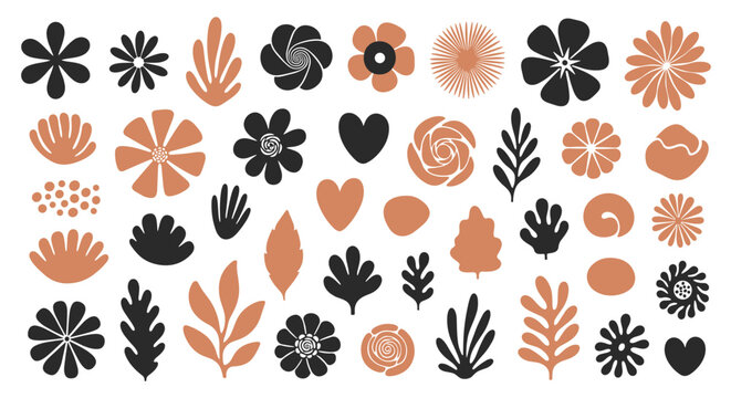 Large collection of diverse organic floral and leaf shapes in black and terracotta colors arranged in a grid for natural design compositions.