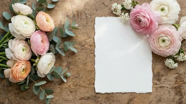 video of ranunculus bouquet and deckled white cardstock on rustic wooden surface. perfectly suited for wedding invitations, greeting cards, banners, or promotional materials for floral shops