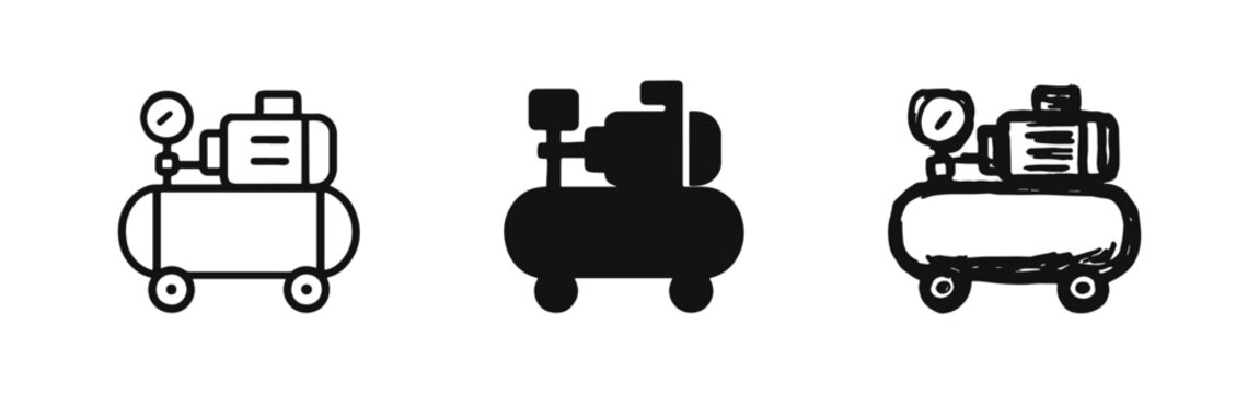 Industrial air compressor icon set. Outline, solid, and hand drawn styles.