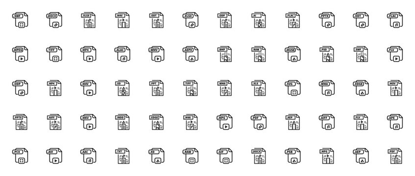File format icon set. Vector file type collection. Includes SWF, DOCX, XLSX, PSD, PDF, AI, MP4, GIF, SVG, AVI and more. Editable stroke icons.