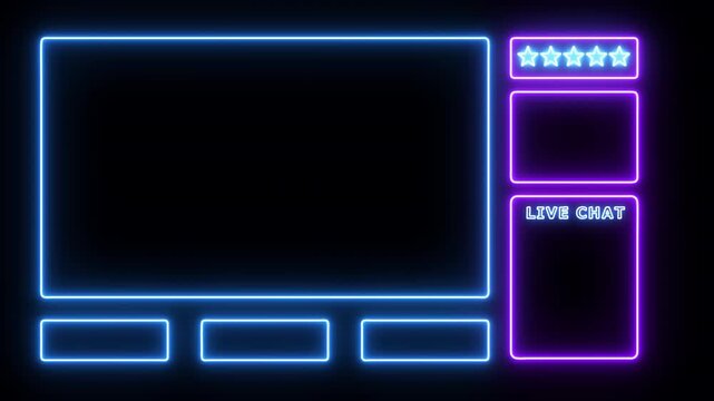 Intermission Stream Overlay Animated, Neon Sign looping facecam and chat for live streaming. HUD viewfinder. Blue and purple color. 4k video.