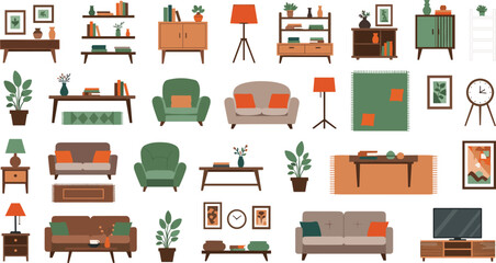 Modern Home Furniture And Interior Decor Vector Set Featuring Comfortable Sofas Armchairs Bookshelves Coffee Tables Lamps And Rugs For Living Room Design And Real Estate Graphic Designs © AFRUZA