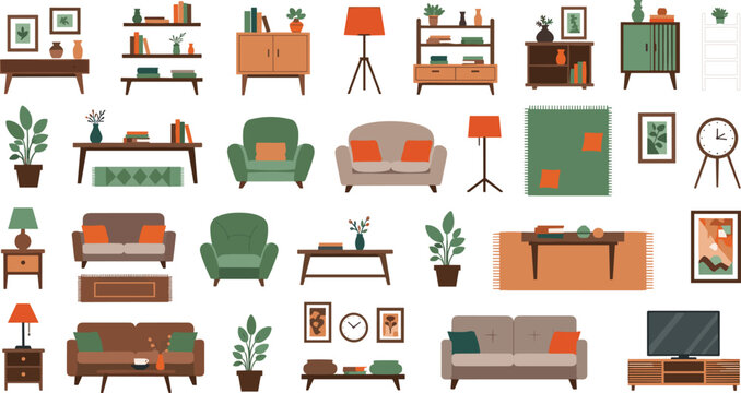 Modern Home Furniture And Interior Decor Vector Set Featuring Comfortable Sofas Armchairs Bookshelves Coffee Tables Lamps And Rugs For Living Room Design And Real Estate Graphic Designs