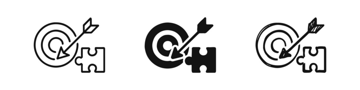 Business Strategy and Problem Solving Icon Set with Target and Puzzle