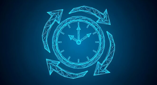 3D wireframe clock with arrows around it on blue background, symbolizing time flow and concept