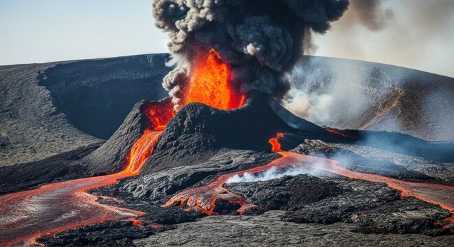 Dramatic volcanic eruption spewing lava and ash into the sky, showcasing natures power.