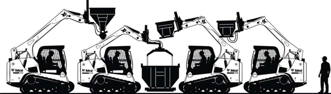 Silhouette sequence of skid steer loaders with hydraulic arms lifting and dumping materials into container, showcasing construction machinery workflow, heavy equipment operation and industrial process
