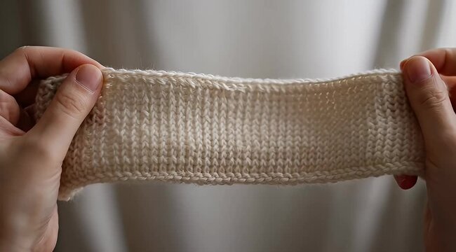 Close up of person stretching a light beige knitted swatch, showing detail