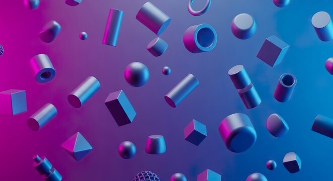 A colorful 3d rendering of various shapes floating in midair on a gradient background