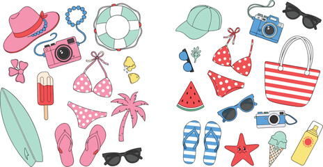 Summer beach items collection vector illustration with bikini, sunglasses, camera and accessories, colorful vacation set for travel design and tropical themes © Yevhenii creative