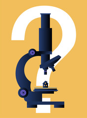 Modern flat vector conceptual illustration of a laboratory microscope examining a tiny miniature house on a yellow background. Housing crisis, mortgage evaluations, economic inflation